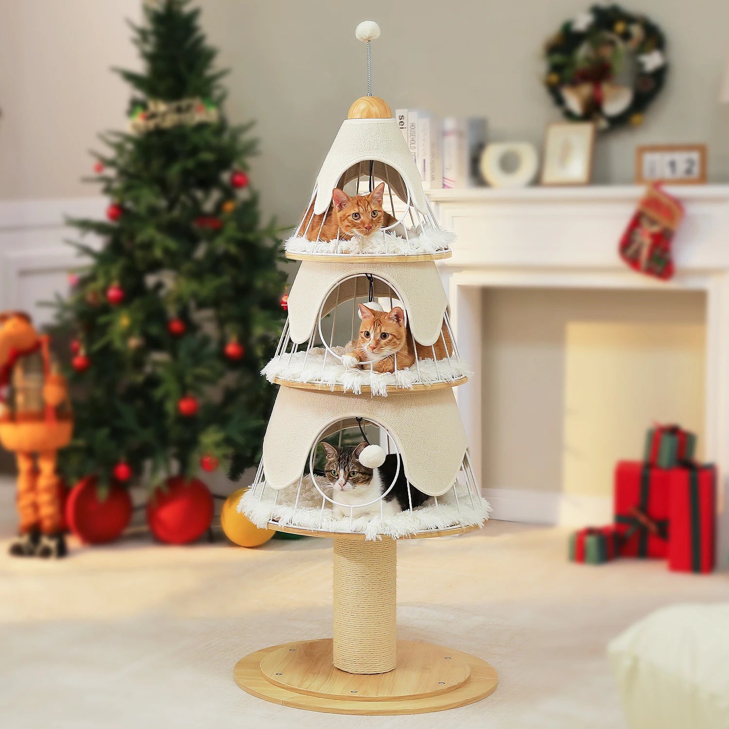 Festlicher moderner Katzenweihnachtsbaum mit stabilem Kratzbaum, 3 gemütlichen Katzenhäusern und langlebigem Holzrahmen – der perfekte Katzenturm für die Feiertage mit austauschbarer Matte!