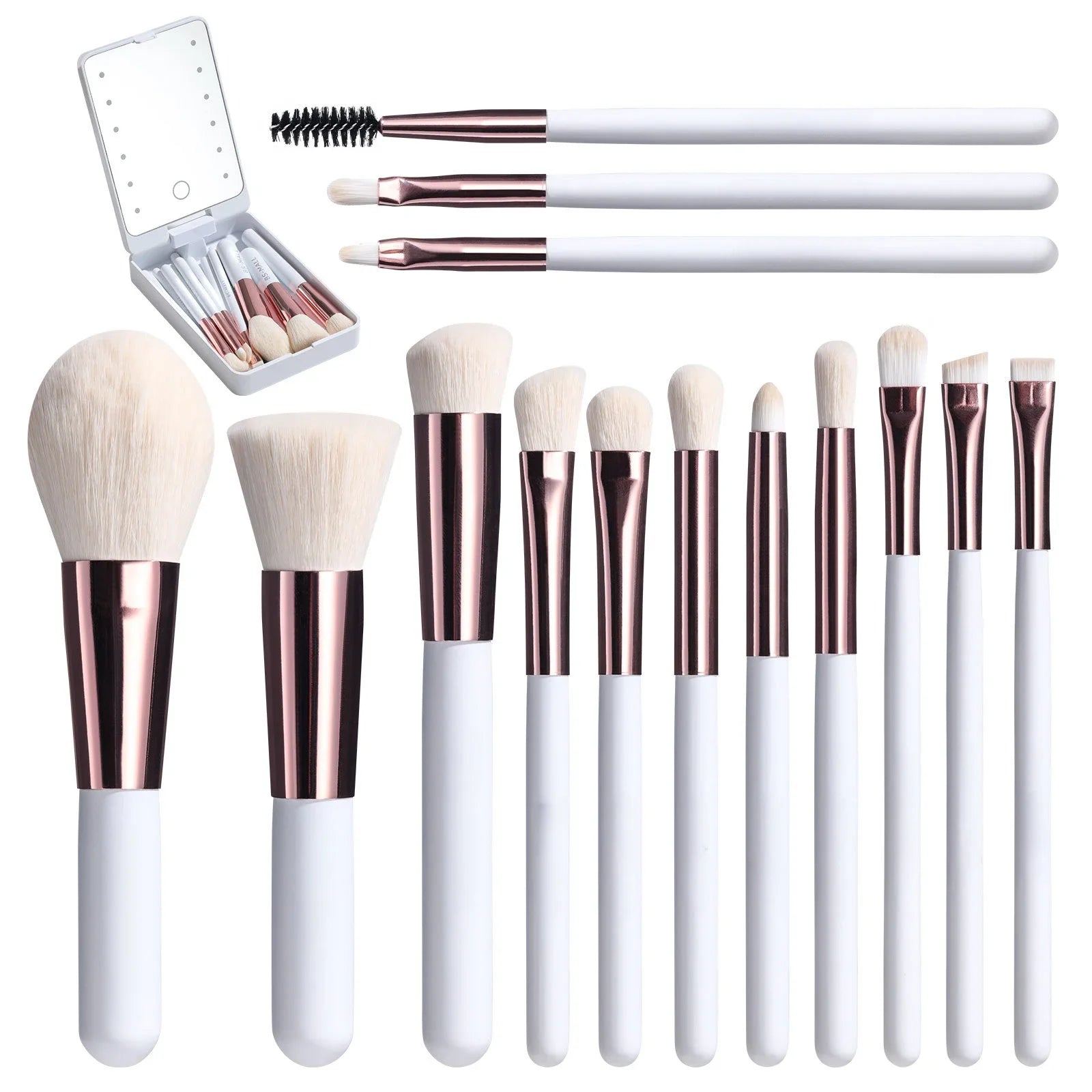 LED Mirror with 14pcs Travel Makeup Brush Set Foundation Powder Concealers Eye Shadows Makeup Set Makeup Mirror Portable Travel