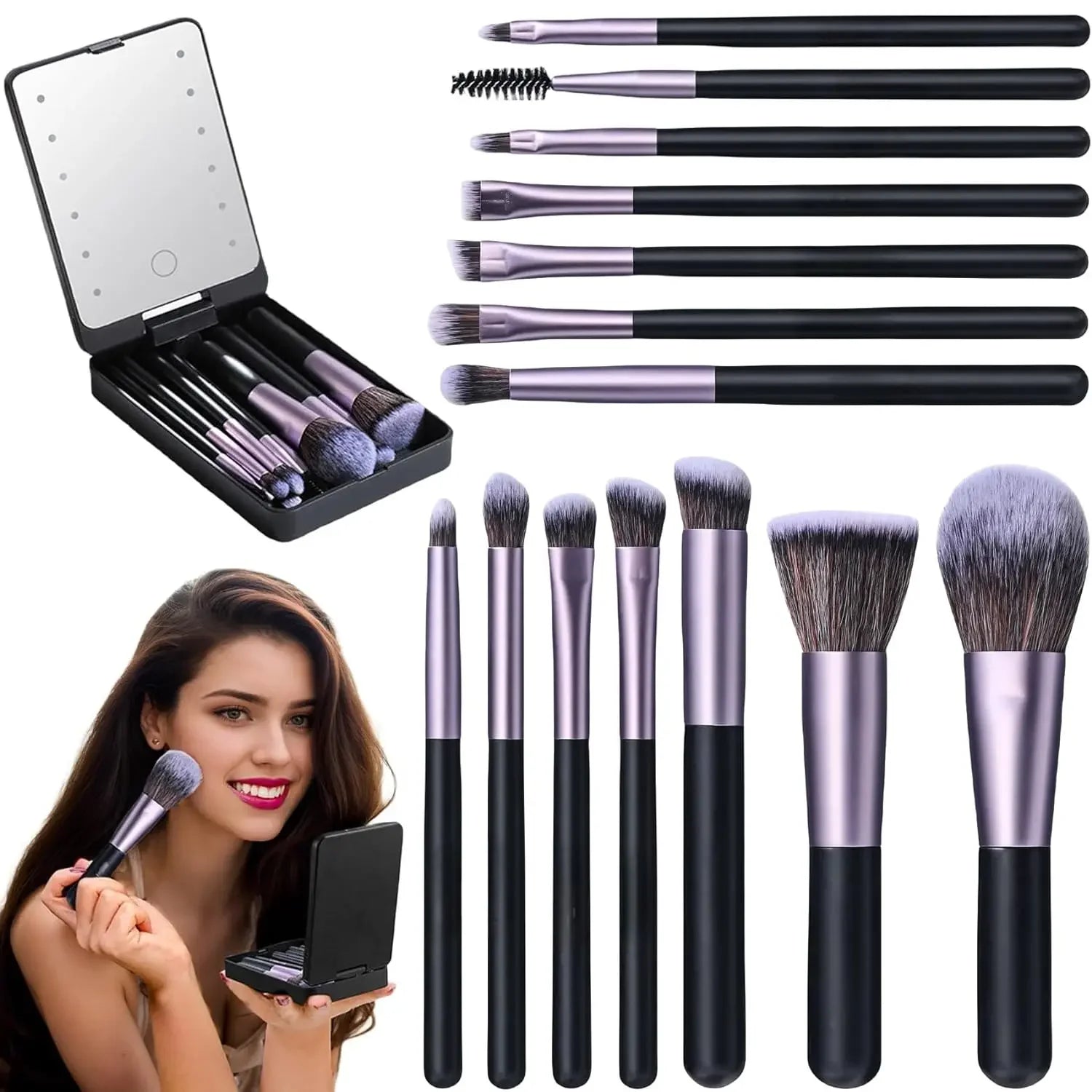 LED Mirror with 14pcs Travel Makeup Brush Set Foundation Powder Concealers Eye Shadows Makeup Set Makeup Mirror Portable Travel