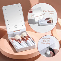 LED Mirror with 14pcs Travel Makeup Brush Set Foundation Powder Concealers Eye Shadows Makeup Set Makeup Mirror Portable Travel